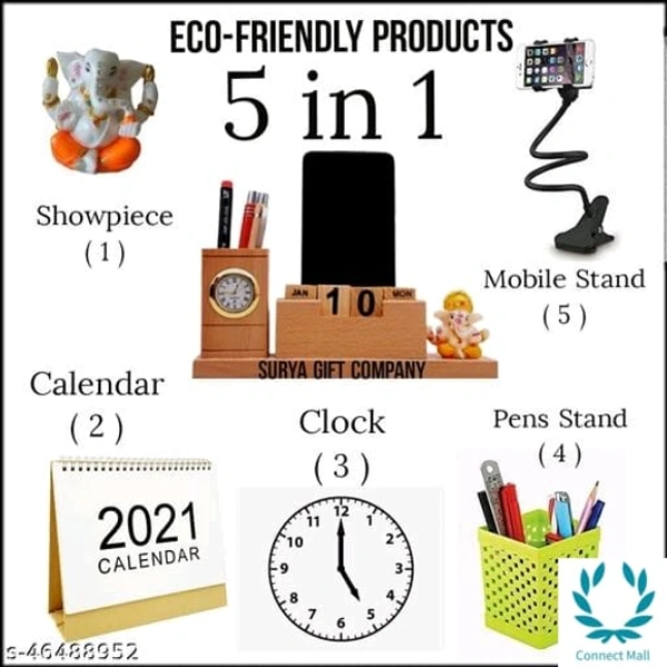 Graceful Wooden 5 In 1 Desk Organizer With Multi Holder - Pen Holders, Calender, Clock, Mobile Holder And Small Ganesh Idol - Wooden, Ganesh Idol, 1 Piece